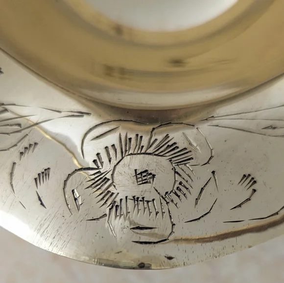 Vintage Brass Etched Scalloped Edge Shiny Basket Movable Handle Cottagecore - Picture 7 of 13